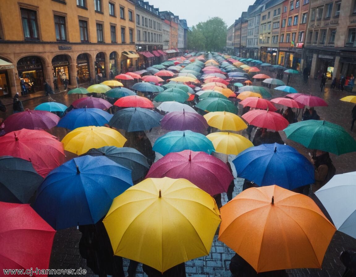 Regenschirme in bunten Farben domnieren das Stadtbild - Hannover bei Regen
