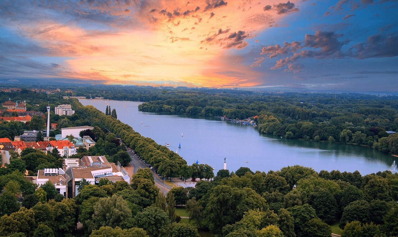 lake maschsee, hanover, nature, sunset, water, ndr, riverbank, town hall view, trees, south city